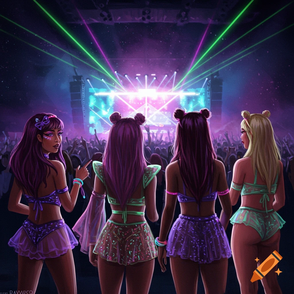 Four women in rave outfits watch a concert with bright lights and lasers.
