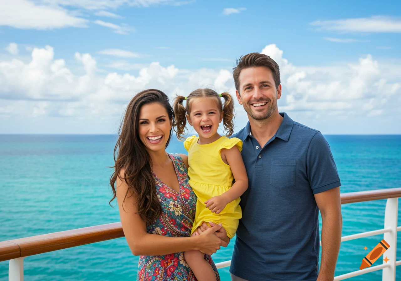 Family smiling on a cruise ship deck overlooking the ocean