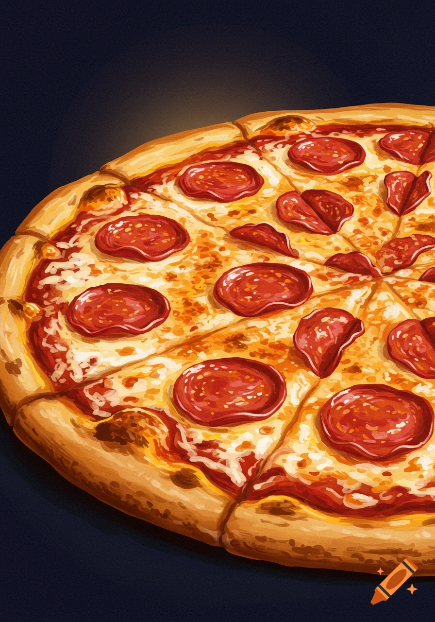 Close-up illustration of an uncut pepperoni pizza.