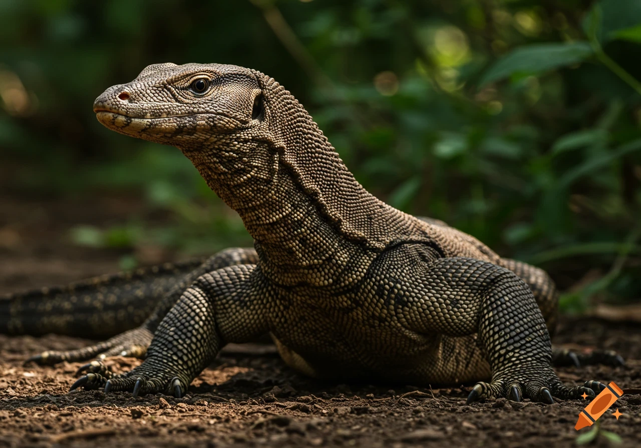 Close-up photo of a monitor lizard in the dirt
