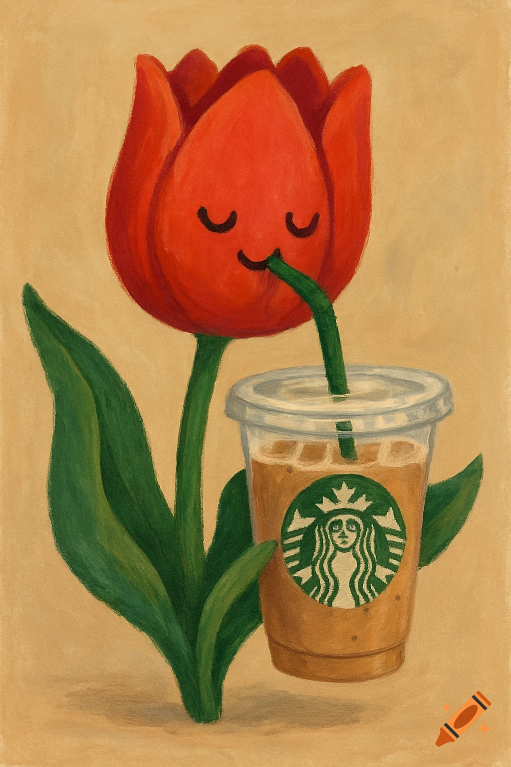 Cartoon tulip drinking coffee from a Starbucks cup.