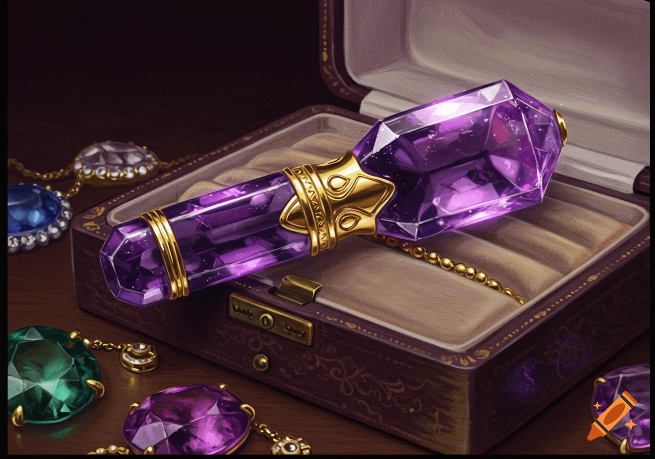 Large purple faceted jewel shaped like a vape pen in a jewelry box with other gems, illustration style.