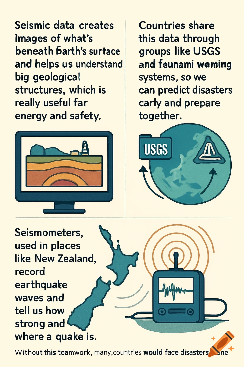Illustration explaining seismic data, seismometers in New Zealand, and international data sharing for disaster prediction.