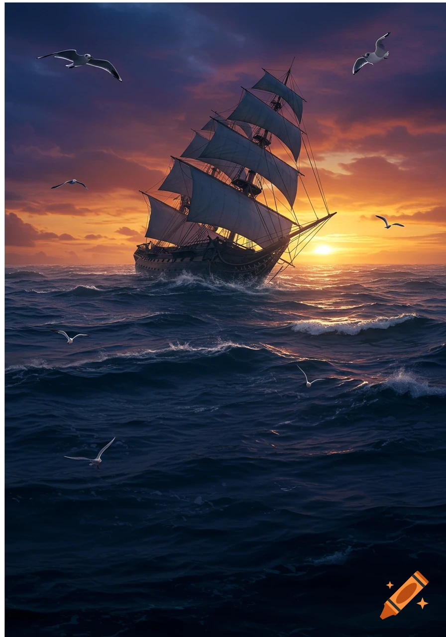 Sailing ship on stormy seas at sunset with seagulls.
