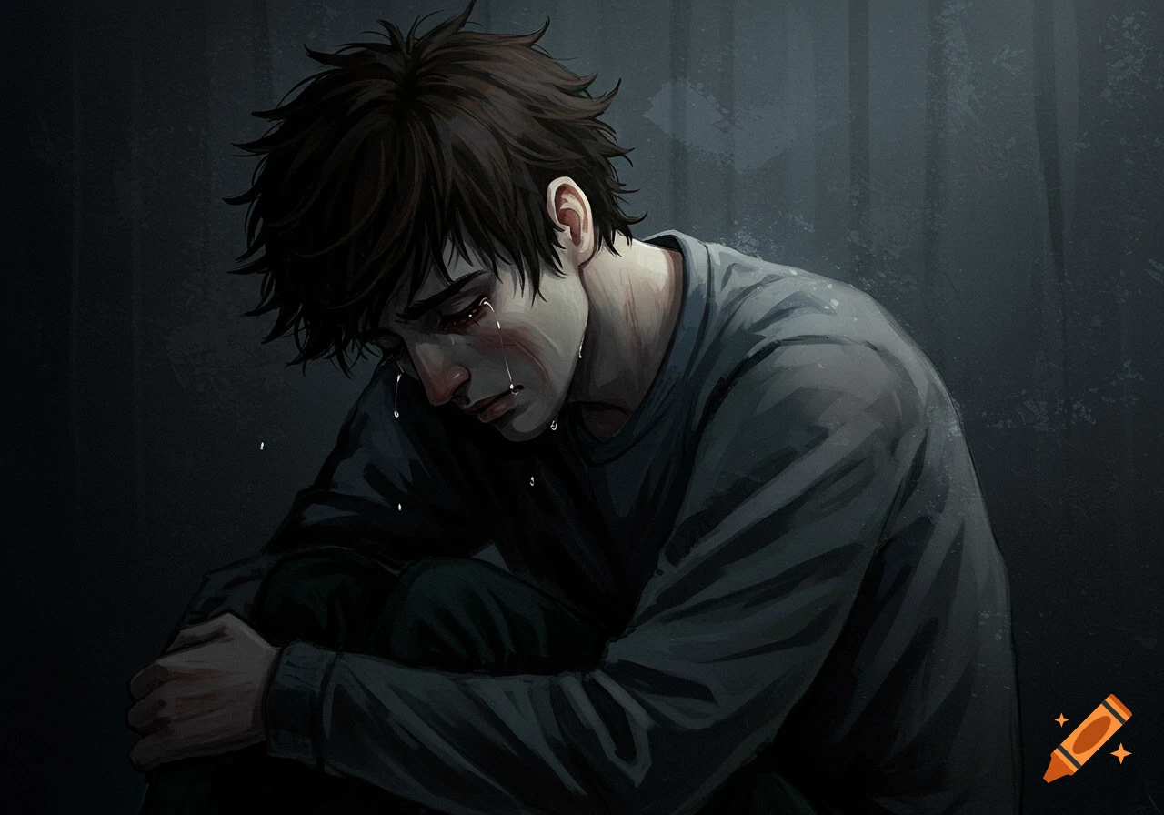 Illustration of a person with dark hair, hunched over and crying, with cuts on their face.