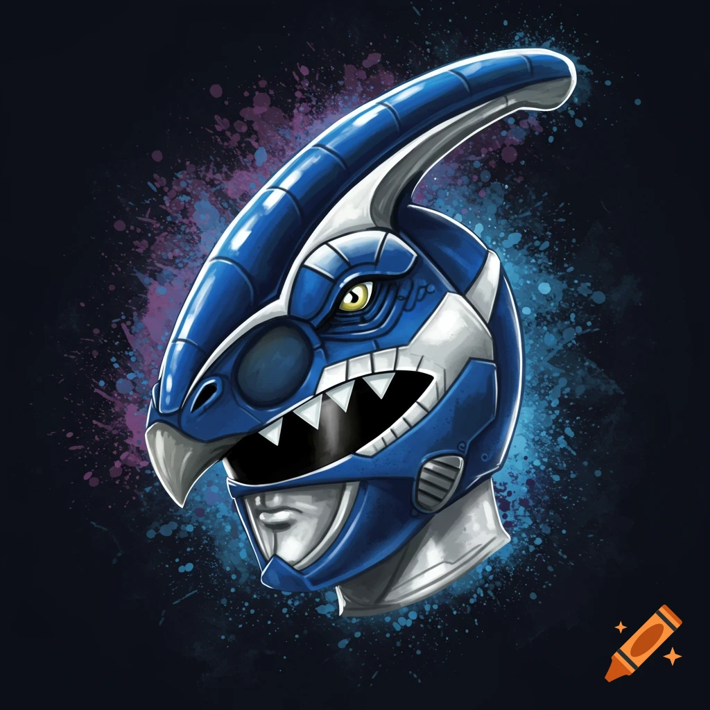 Illustration of a blue and white Power Ranger helmet designed like a parasaurolophus head, with a splatter background.