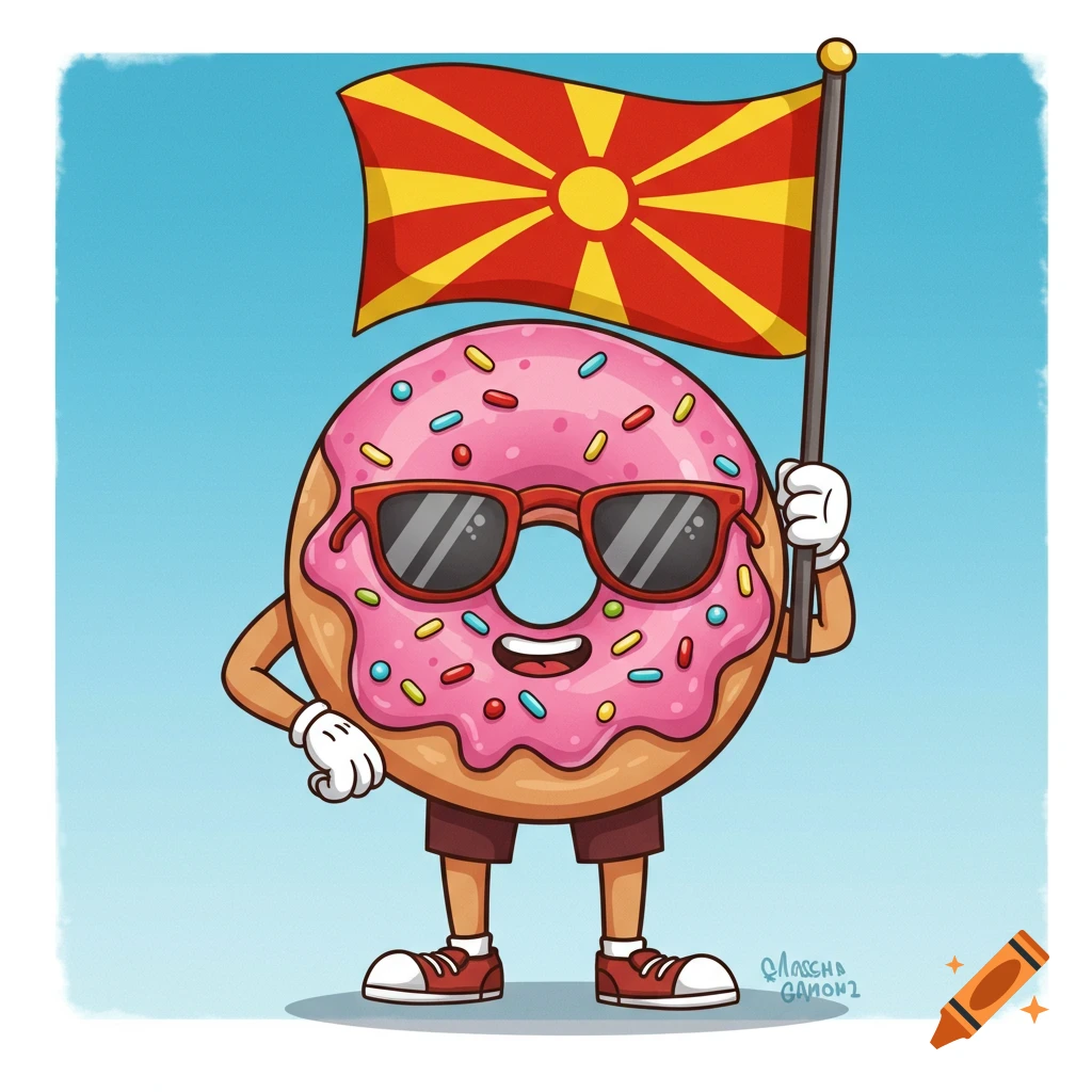 Cartoon donut character with sunglasses and shorts holding a Macedonian flag.