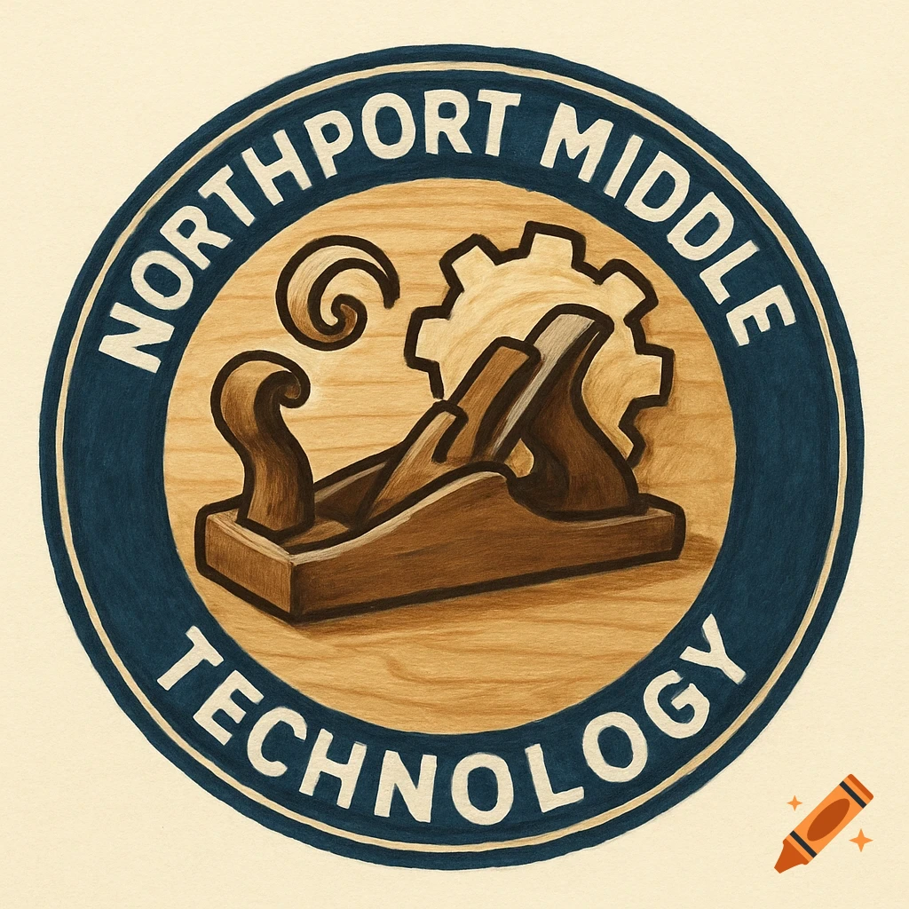 Round logo with a hand plane and gear on a wood grain background, text frames the image.