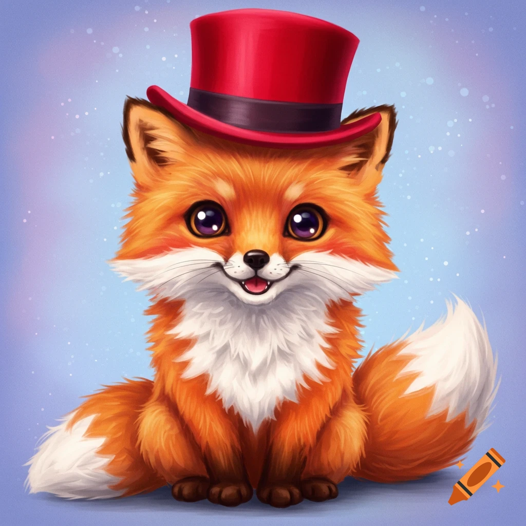 A cute cartoon fox wearing a red top hat