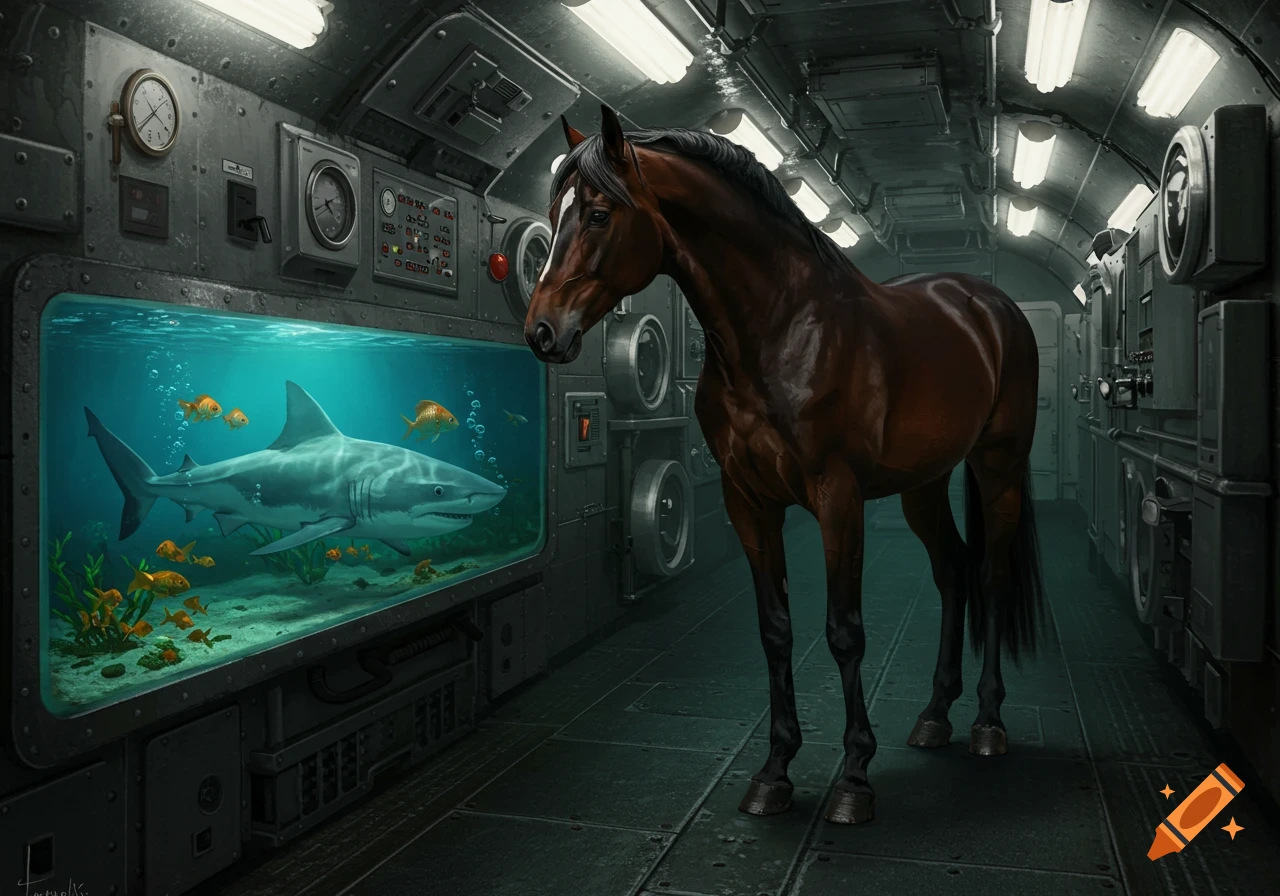 A horse stands in a submarine looking at a large window showing a shark and goldfish.