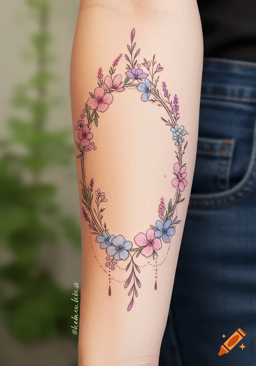 Forearm tattoo of an oval floral frame with pink and blue flowers.