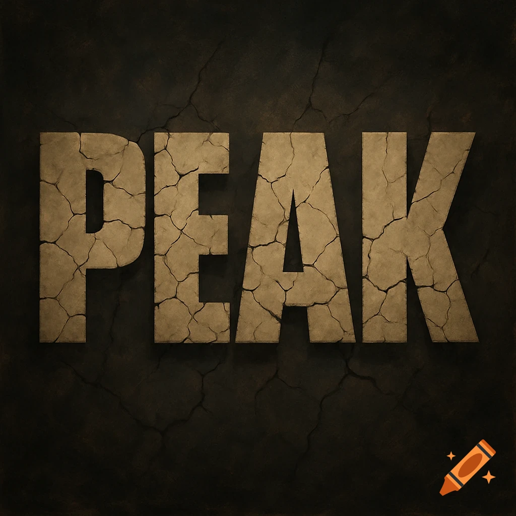 The word PEAK with a cracked stone texture against a dark cracked background.