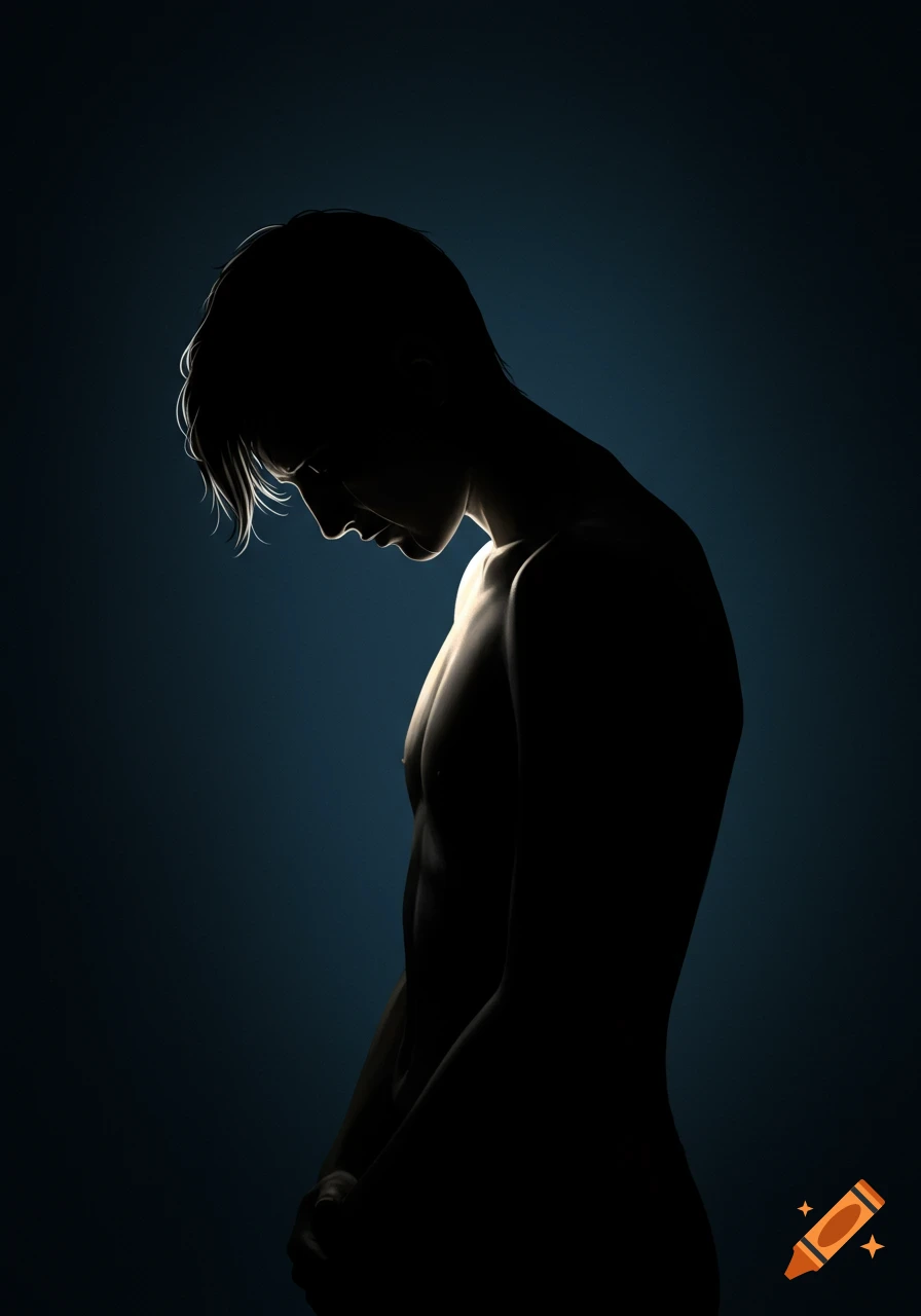 A male figure in silhouette with head down, illuminated by a side light. Digital art.