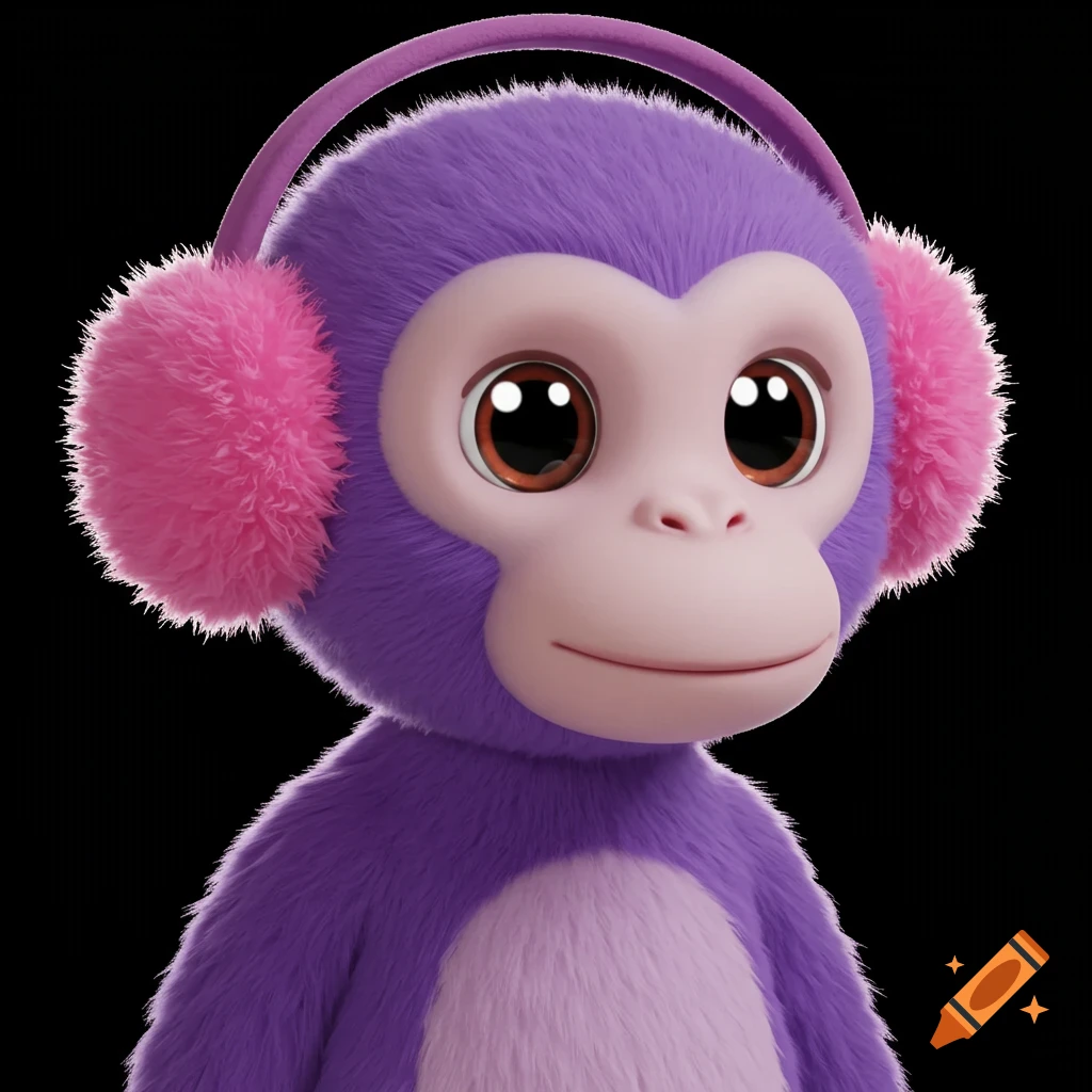 A purple monkey with pink earmuffs on a black background.