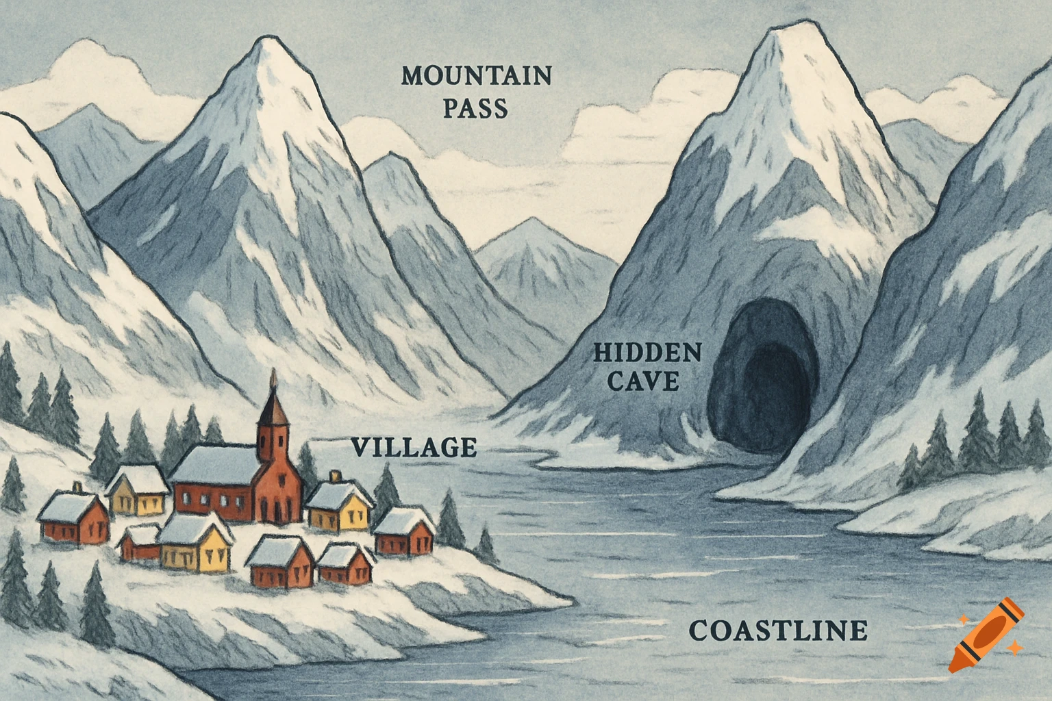 Illustrated map showing a village, snowy mountains, a lake, and a hidden cave with labels.