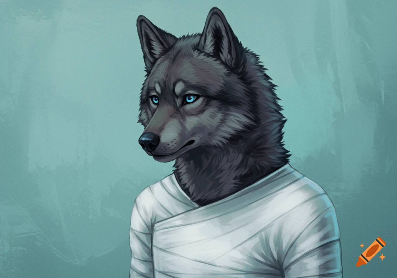 Illustration of a dark grey anthropomorphic wolf with blue eyes wearing a white full body cast.