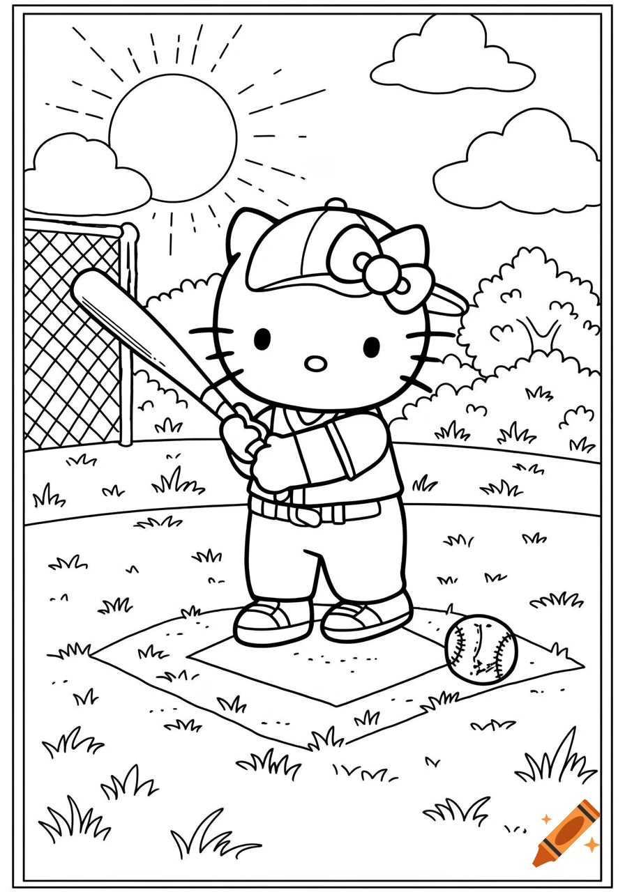 A black and white coloring page of Hello Kitty in a baseball uniform batting on a baseball field.