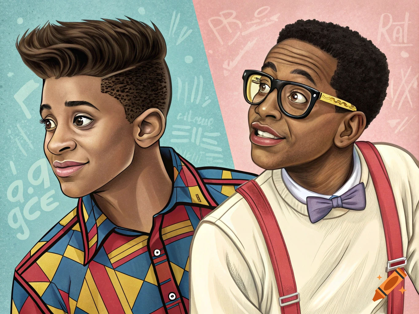 Illustration of two young men, one modern, one resembling Steve Urkel in glasses and suspenders, against a split background.