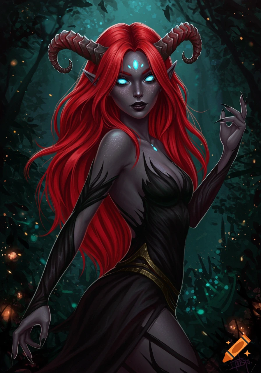 Dark fantasy illustration of a female demon with red hair, horns, and glowing blue eyes in a forest.