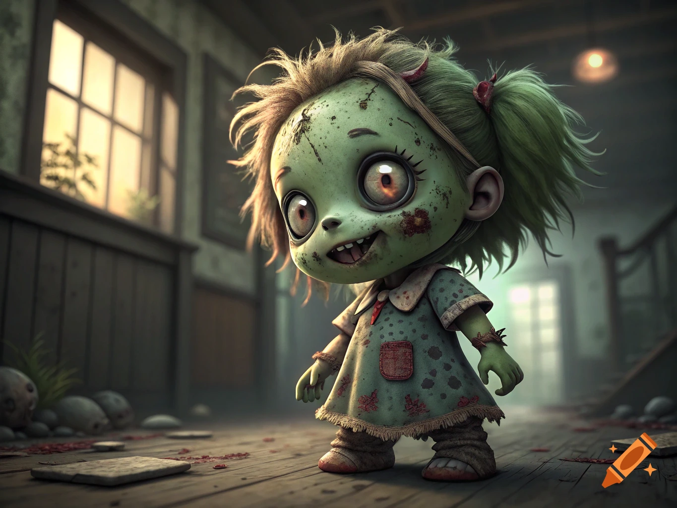 A chibi-style zombie girl doll with green skin stands in a spooky room with bloodstains on the floor.