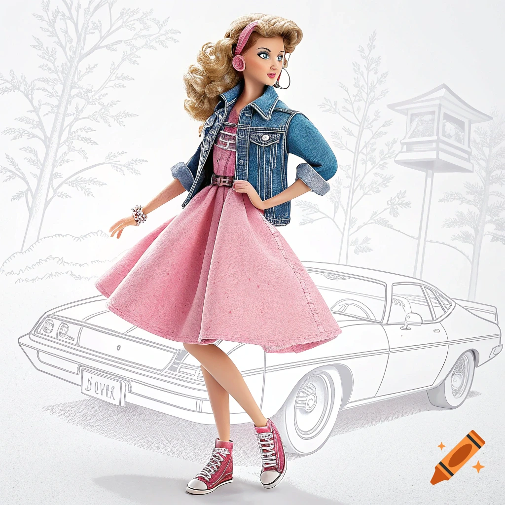 A Barbie doll wearing a pink dress, denim jacket, and pink headphones stands in front of a sketched car.