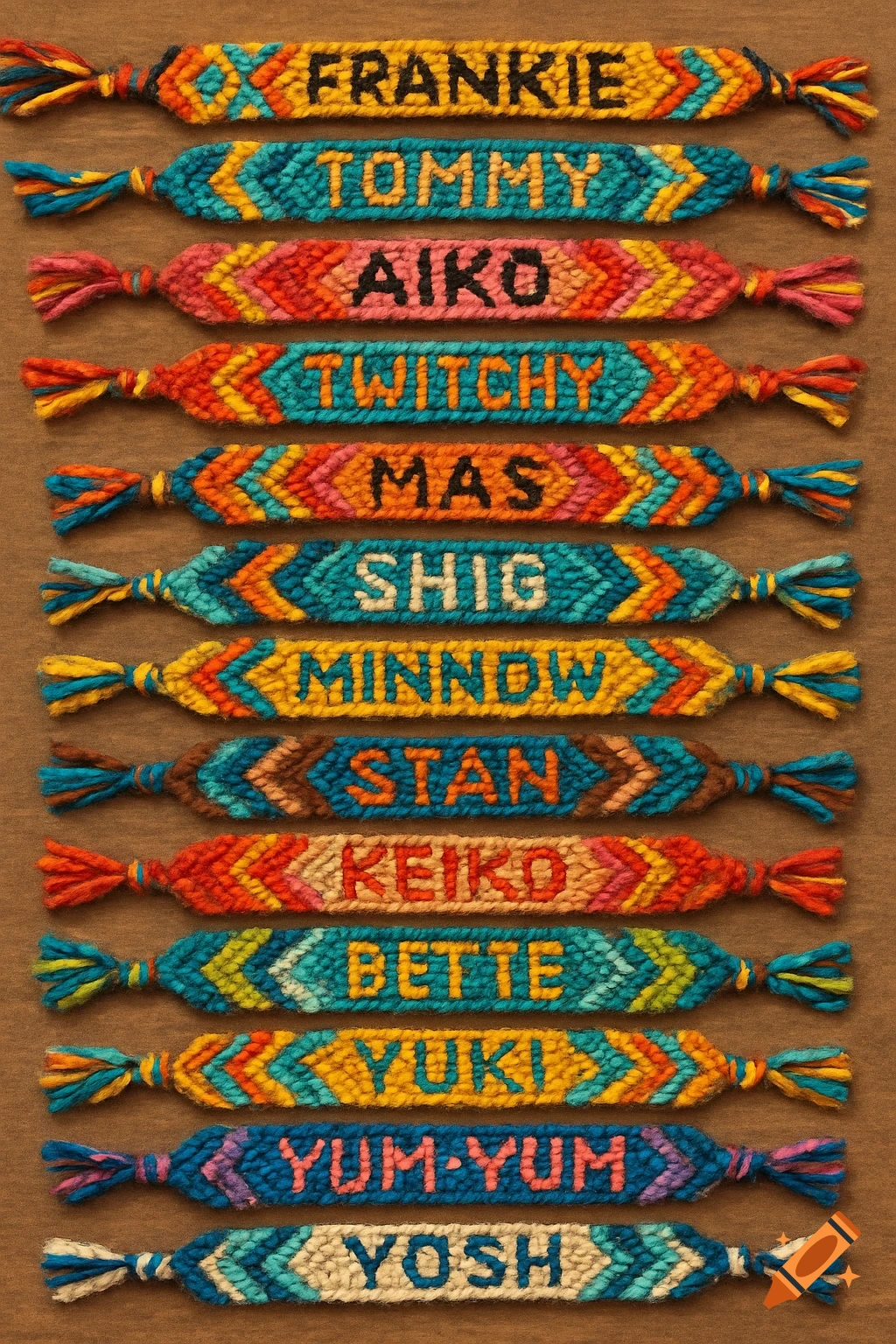 Close up photo of colorful woven friendship bracelets laid out, each with a name: Frankie, Tommy, Aiko, Twitchy, Mas, Shig, Minnow, Stan, Keiko, Bette, Yuki, Yum-Yum, Yosh.