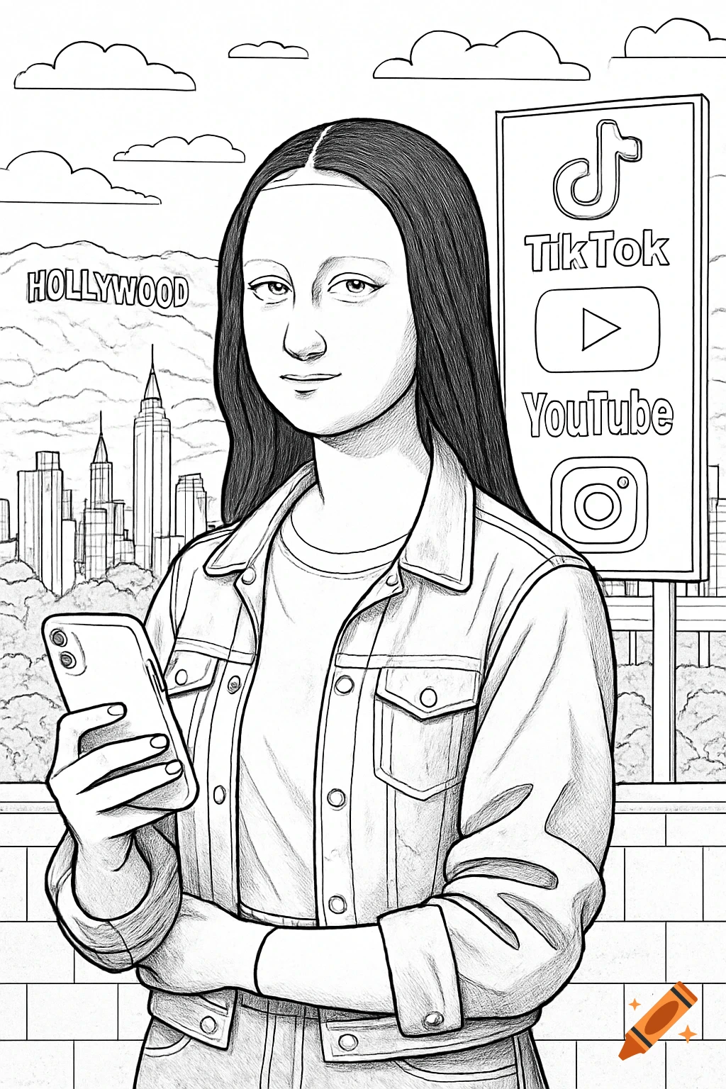 Black and white sketch of a modern Mona Lisa teenager with a phone, social media billboard, and cityscape.