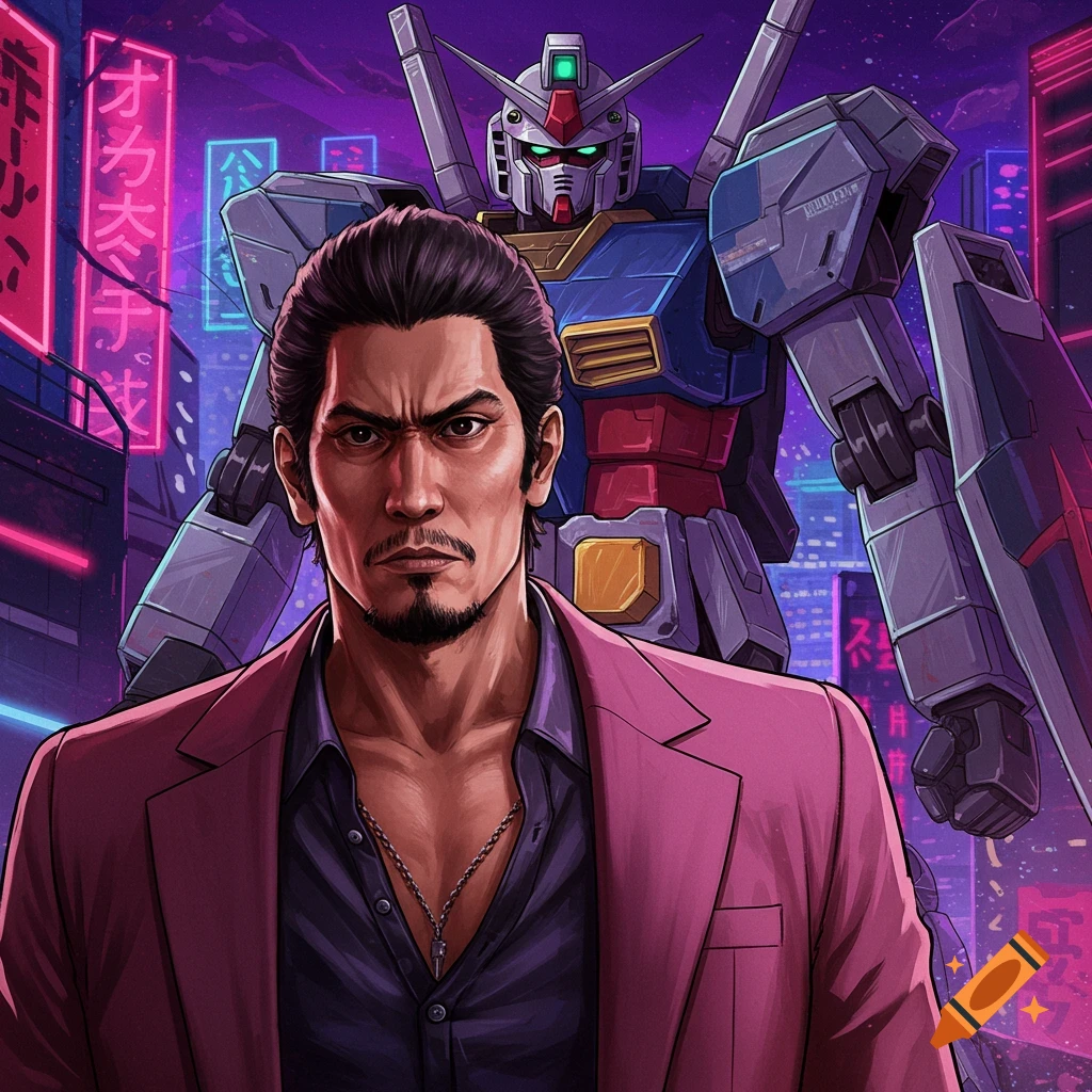 Man in pink suit stands in front of a giant robot in a neon-lit cyberpunk city, concept art style.