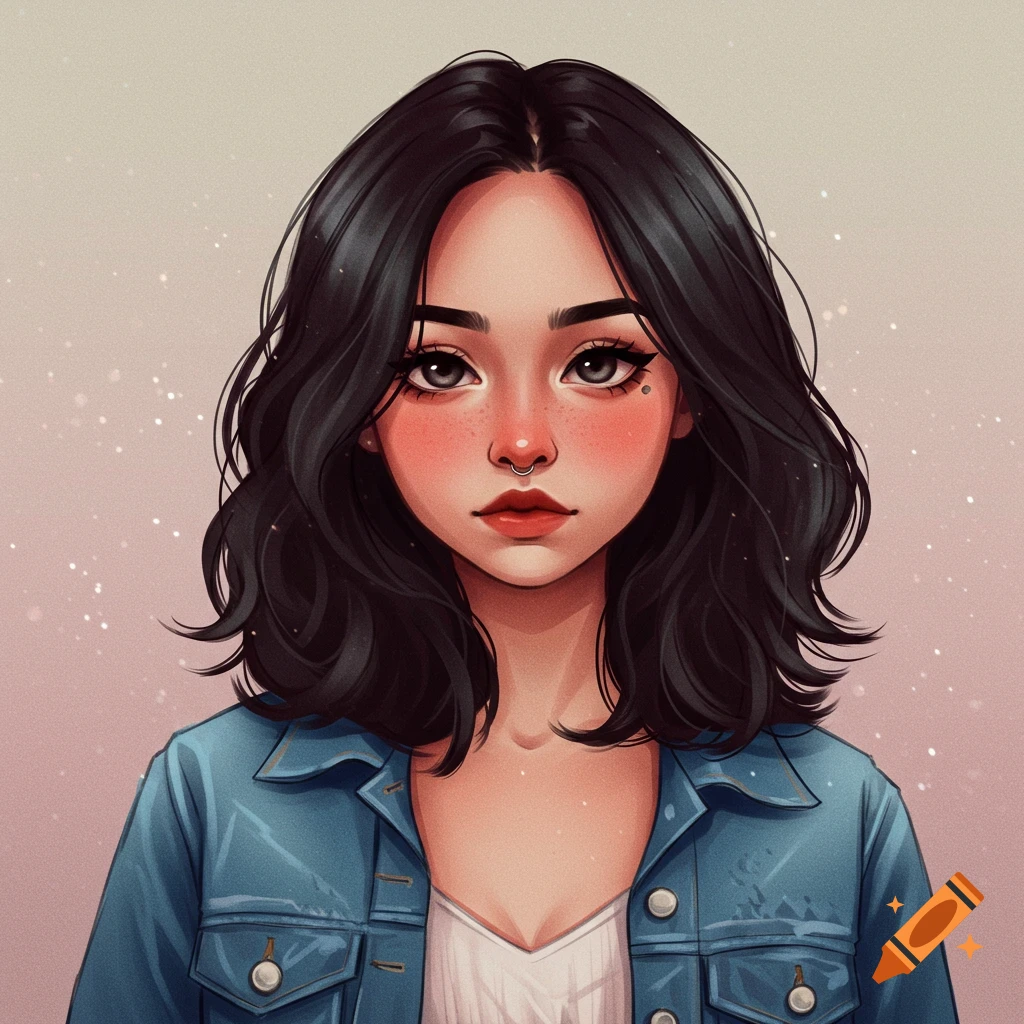 Portrait illustration of a woman with dark hair, nose ring, and denim jacket