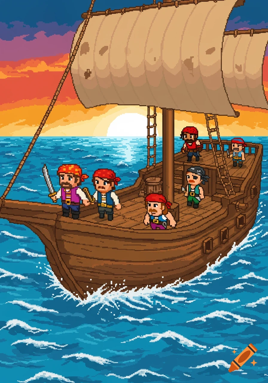 Pixel art image of pirates on a ship sailing at sunset.