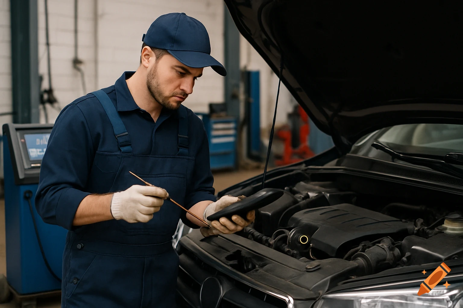 Male automotive technician inspecting car engine in a garage