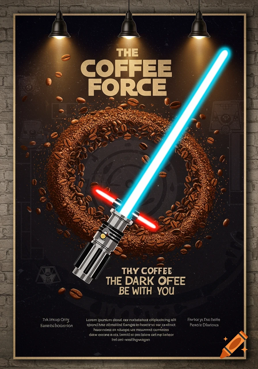 A poster with a lightsaber emerging from a ring of coffee beans and text saying 'THE COFFEE FORCE'.
