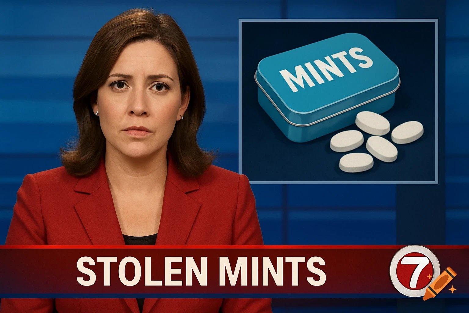 A female news anchor in a red jacket in a studio with a graphic about stolen mints.