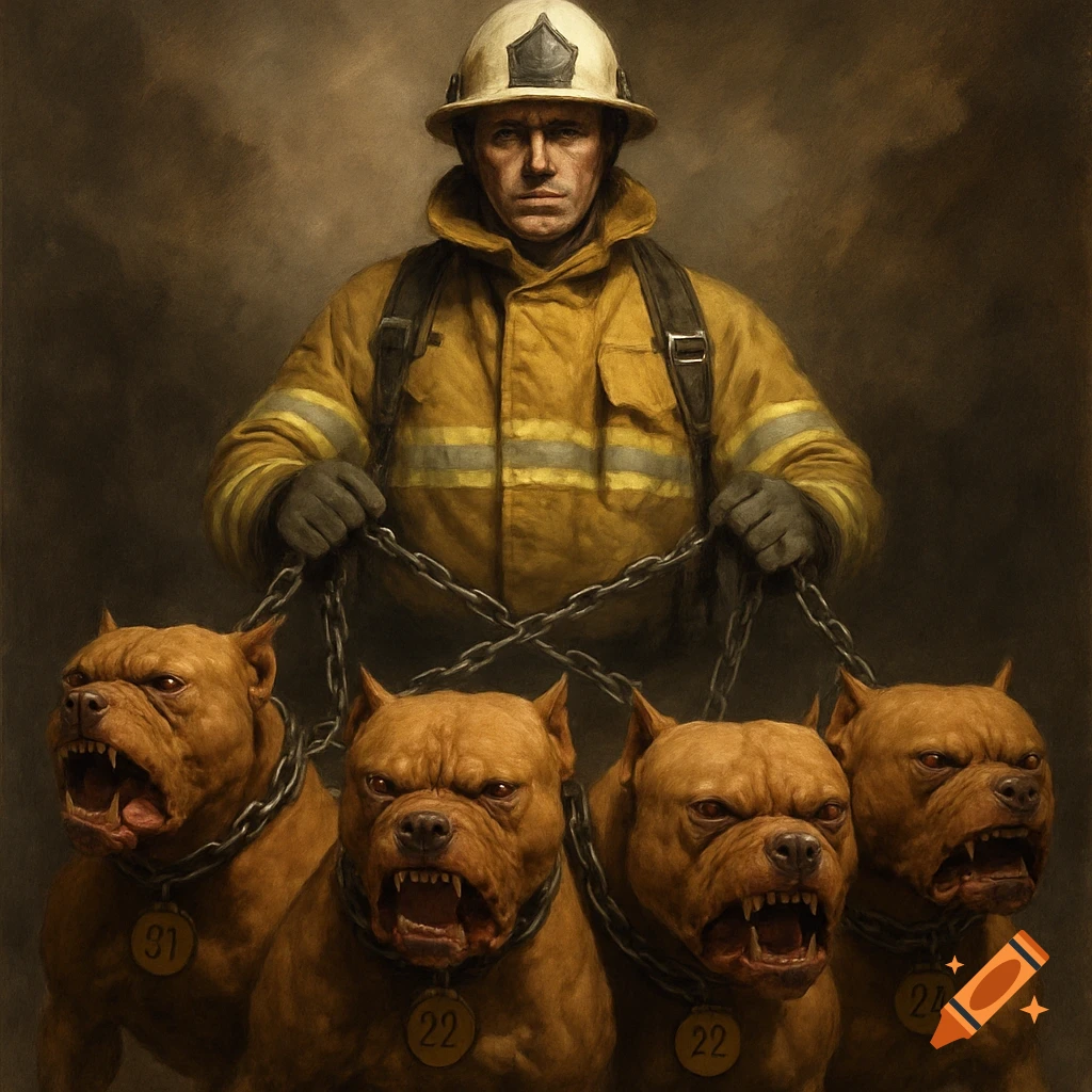 Painterly illustration of a firefighter in uniform holding chains attached to four angry pit bulls with numbered collar pendants.