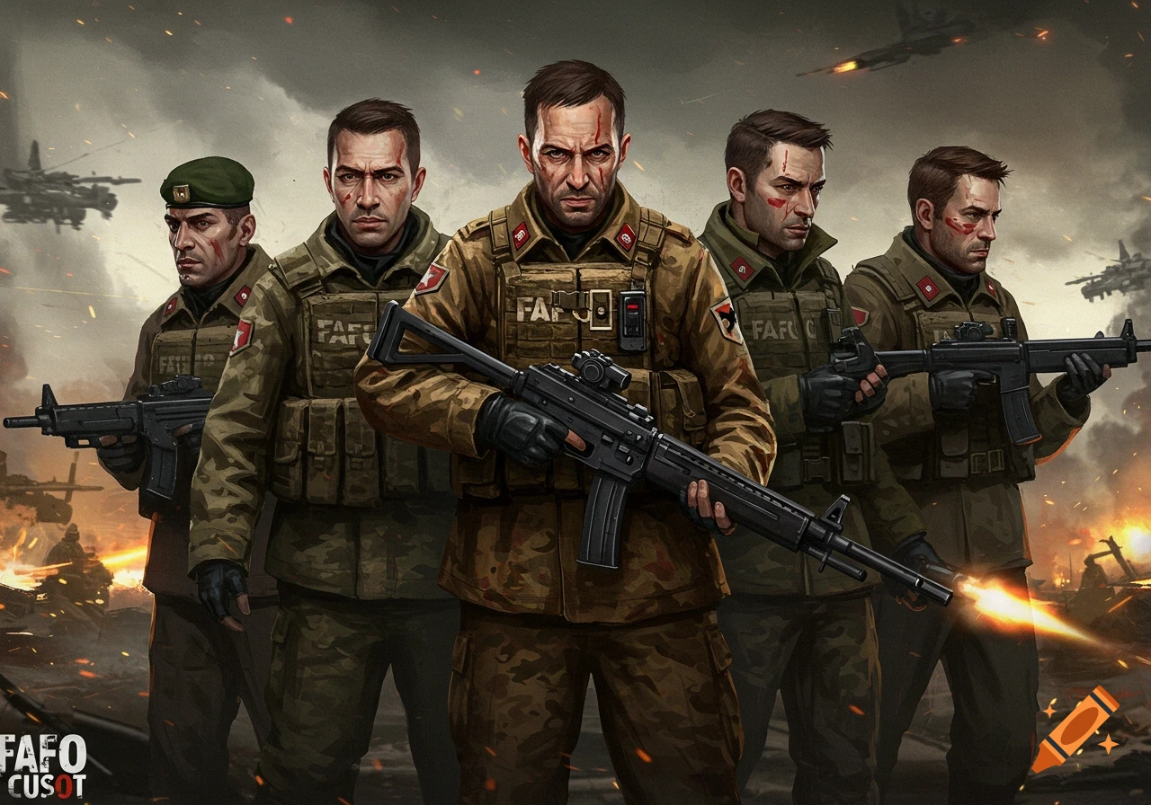 Group of soldiers in tactical gear holding rifles in a warzone with explosions and aircraft in the background.
