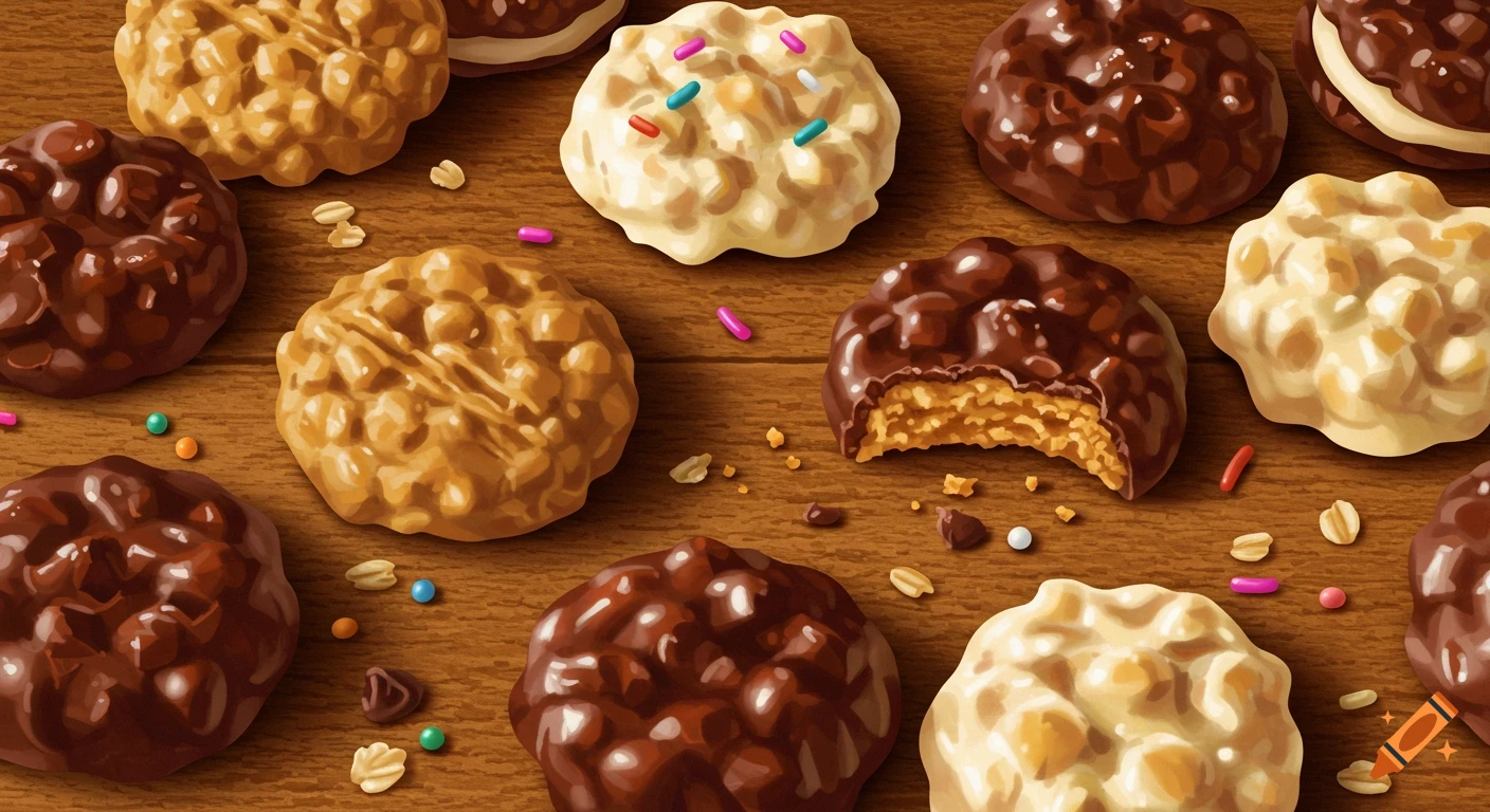 Close-up of chocolate and peanut butter no-bake cookies and sprinkles on a wooden table.