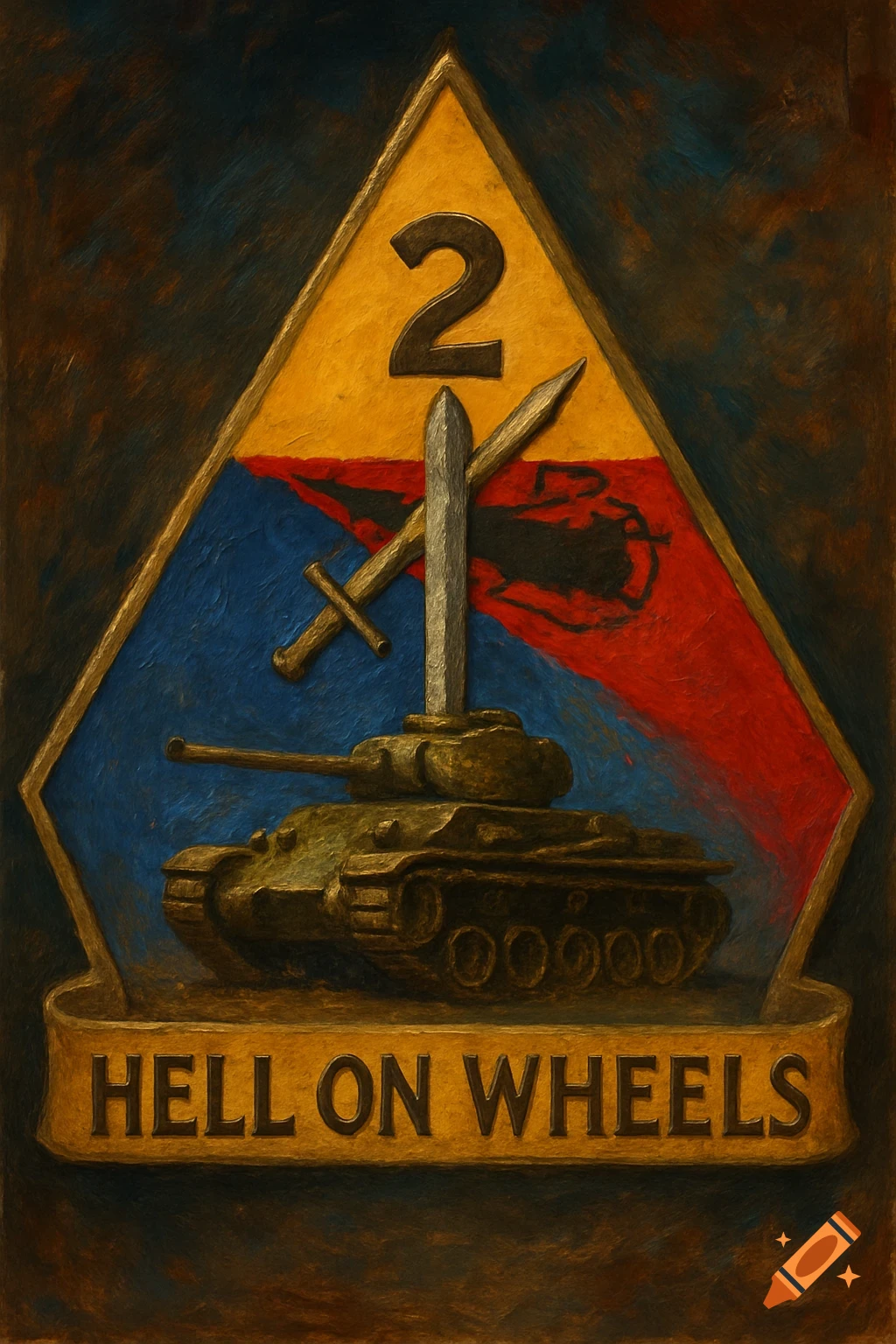 Military badge for 2nd Armored Division with tank, swords, and 'HELL ON WHEELS' text, painted style.