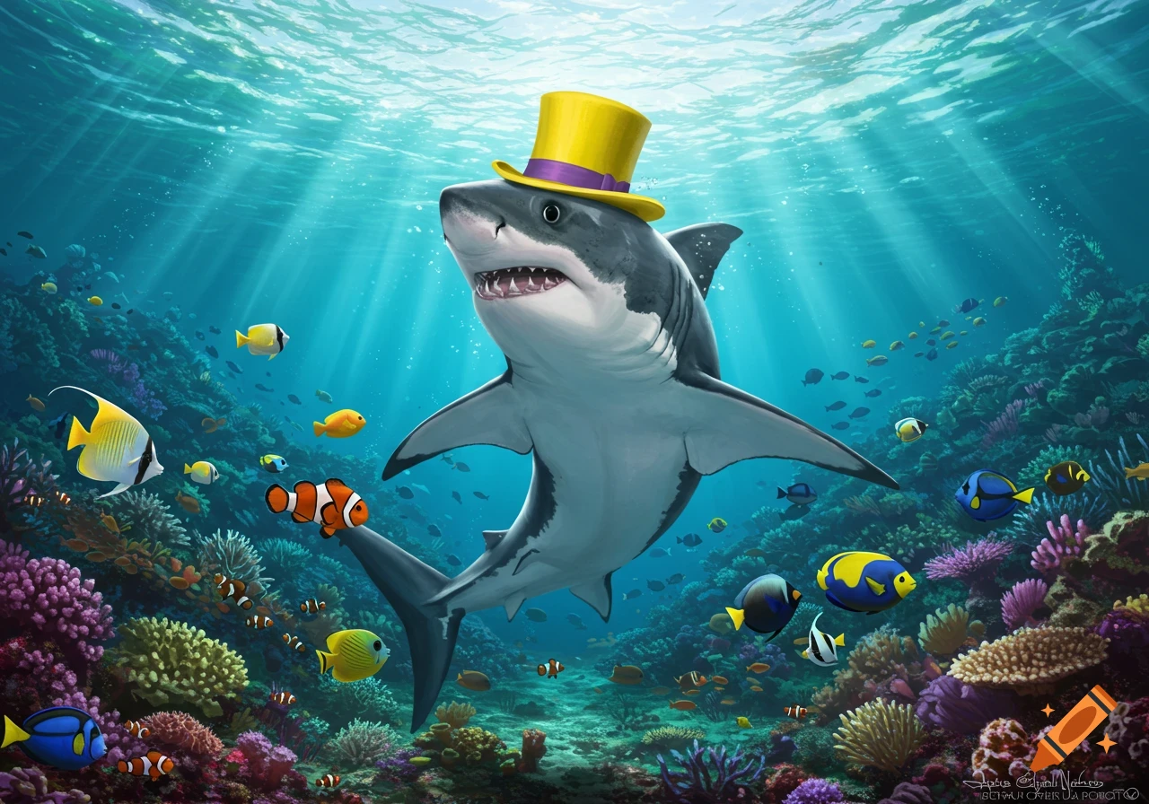 A cartoon-style great white shark wearing a yellow top hat with a purple band swims through a vibrant coral reef surrounded by tropical fish.