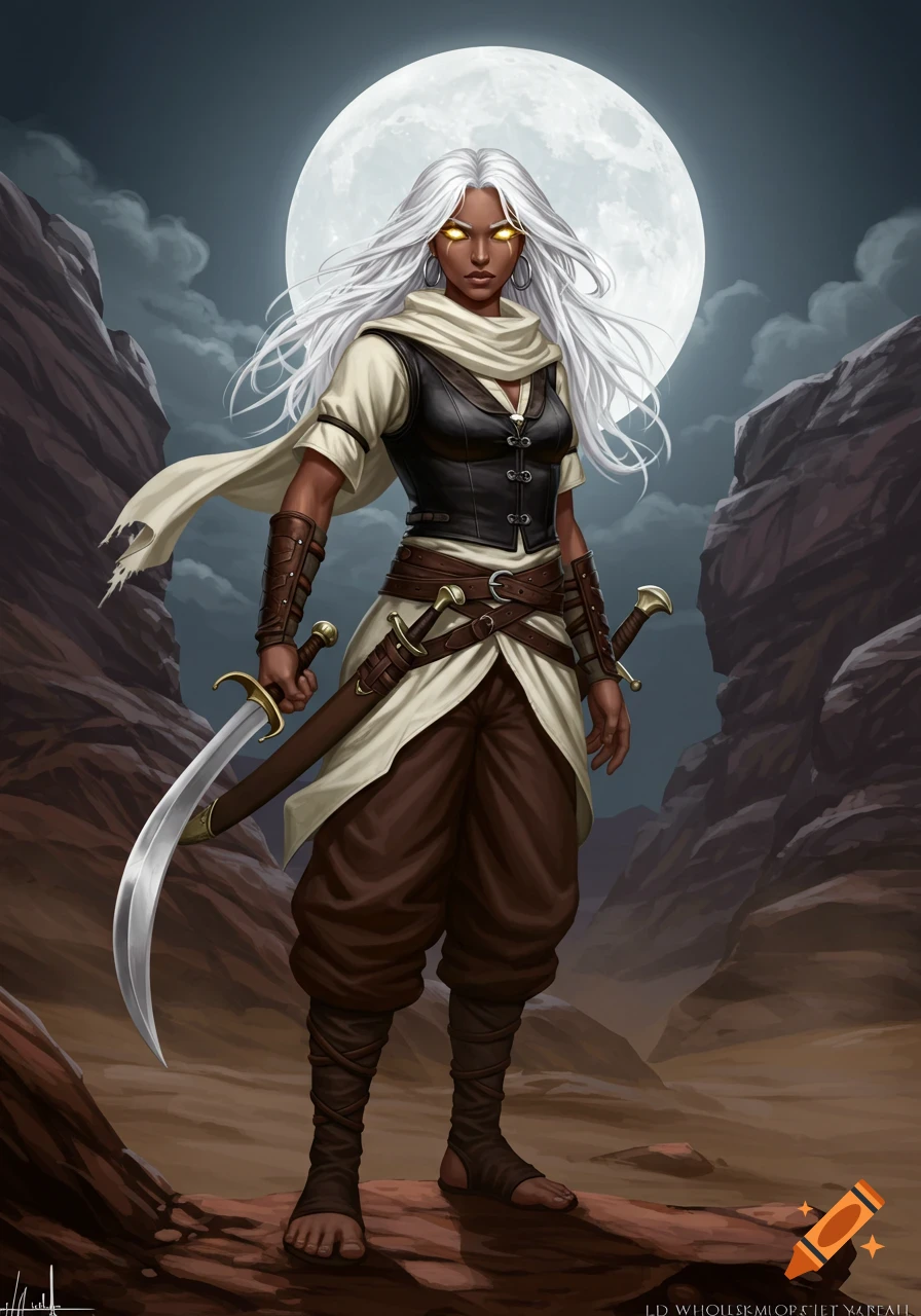 A fierce fantasy warrior with white hair and glowing eyes stands in a ...