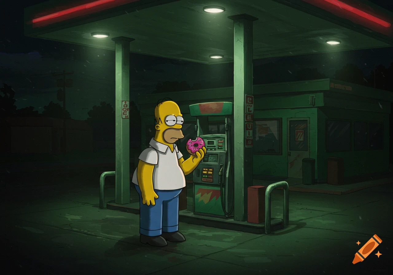Cartoon of Homer Simpson holding a pink donut at a gas station at night.