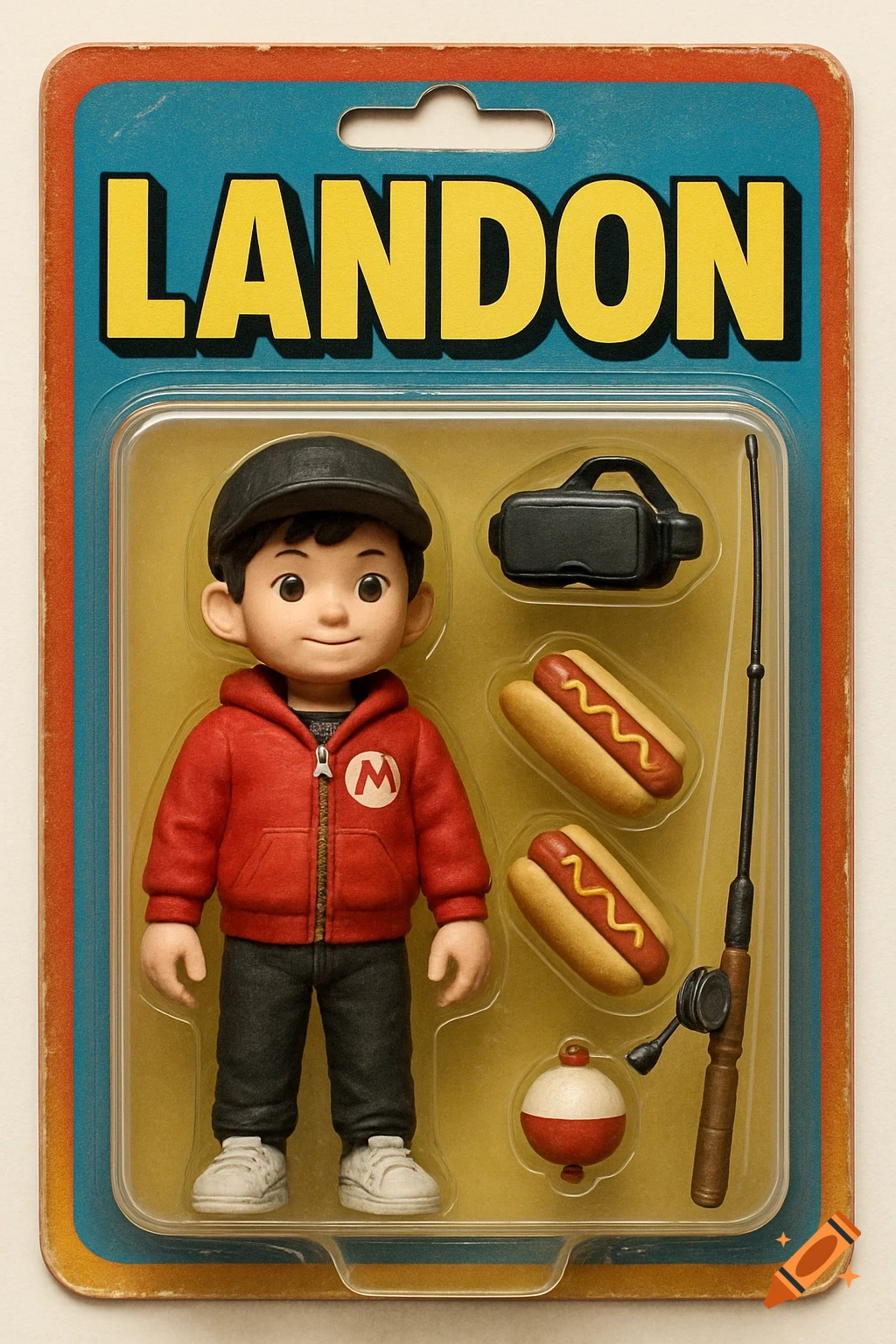 A boy action figure in blister packaging with a VR headset, hotdogs, and fishing pole. The packaging reads "LANDON".