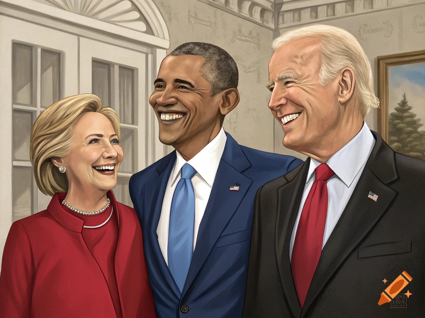 Hillary Clinton, Barack Obama, and Joe Biden smile in a formal setting, painted illustration style.