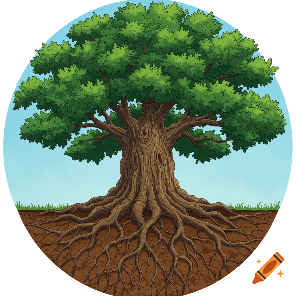 Illustration of a large tree with sprawling roots visible in cross-section.