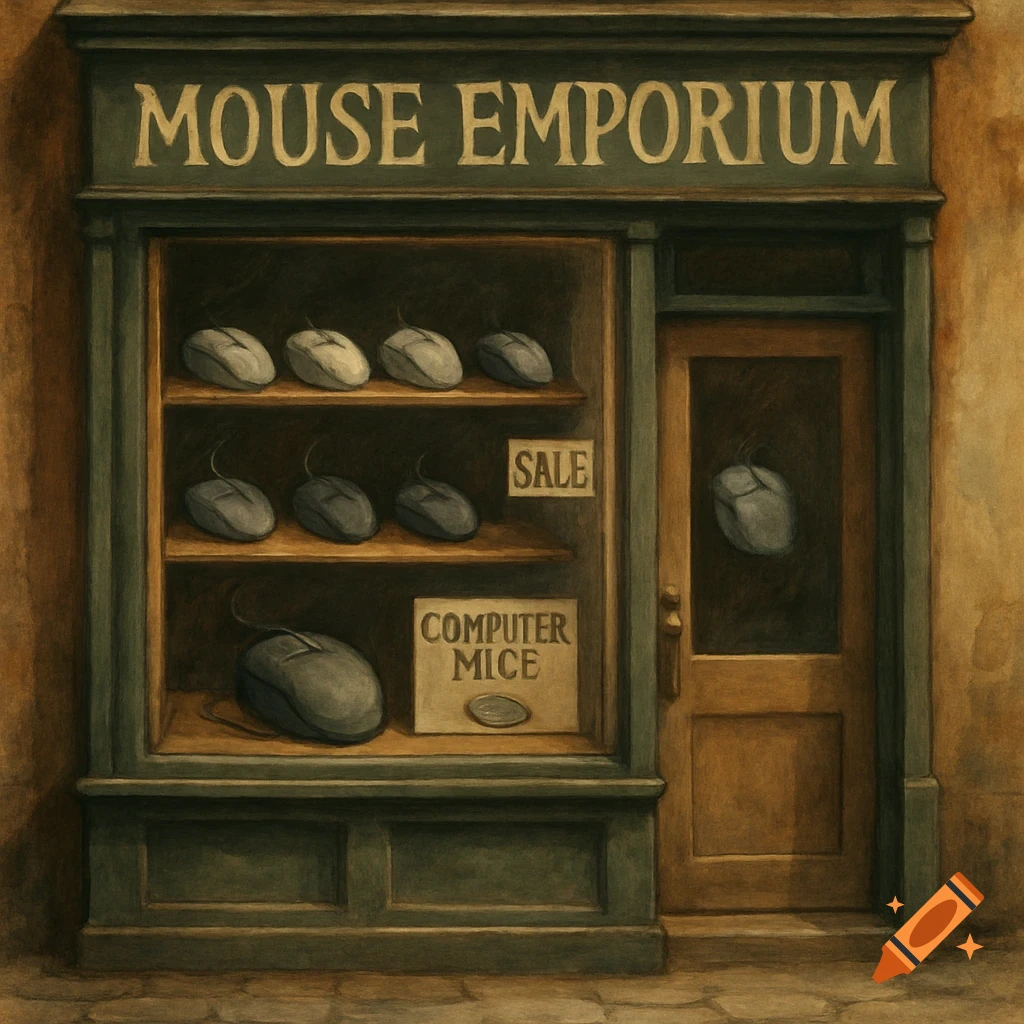 Painted illustration of the storefront of 'Mouse Emporium' displaying computer mice in the window.