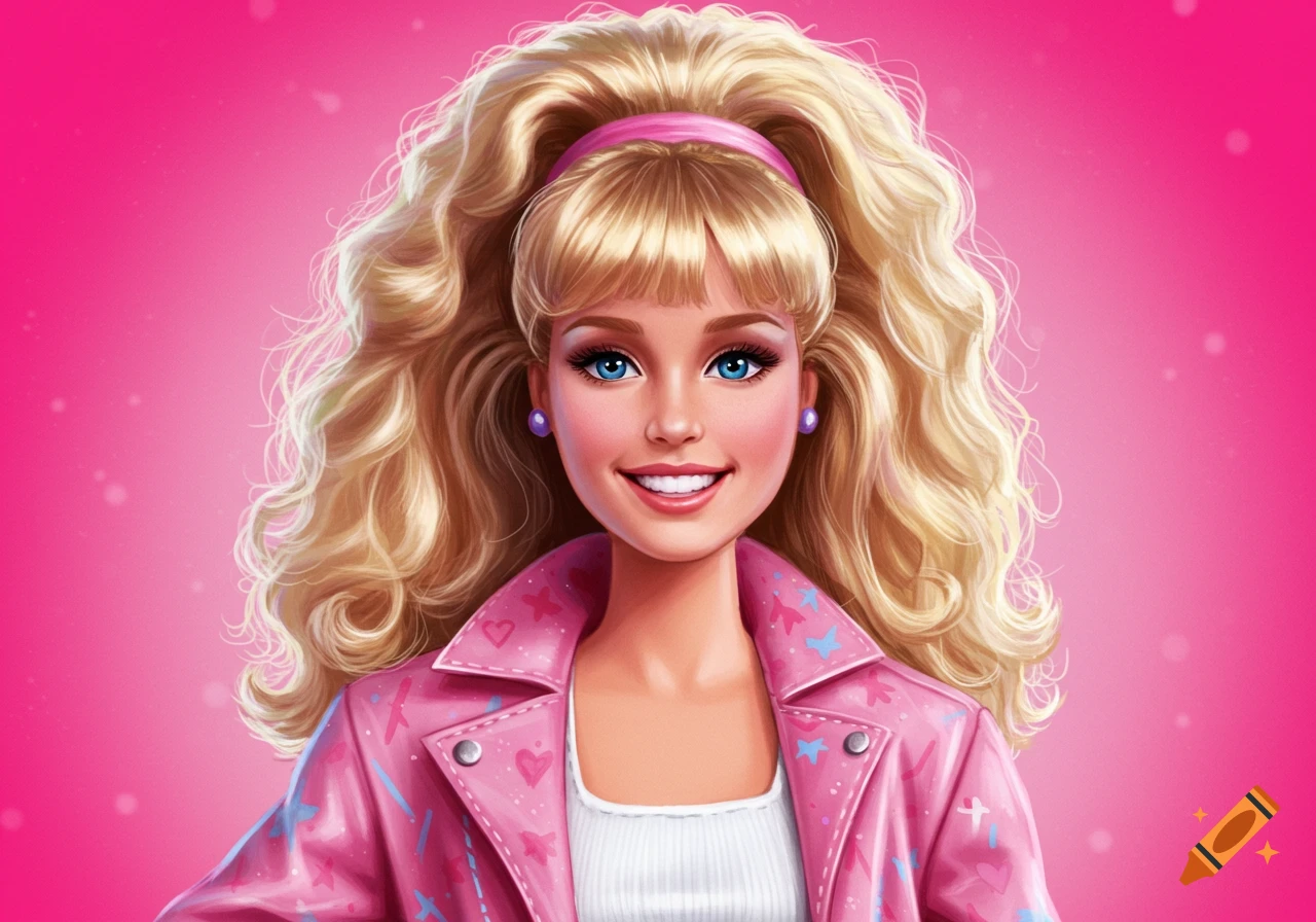 Portrait of a woman styled as a Barbie doll wearing a pink jacket