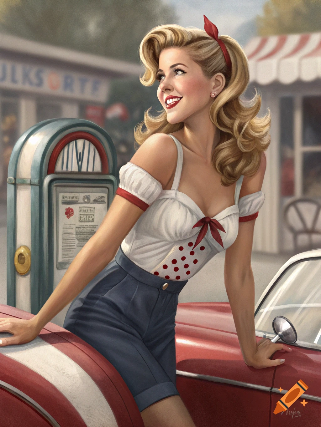 Pinup style illustration of a blonde woman in vintage clothing leaning on a red car near a jukebox.