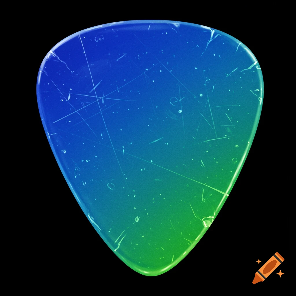 A scratched guitar pick with a blue to green gradient on a black background.