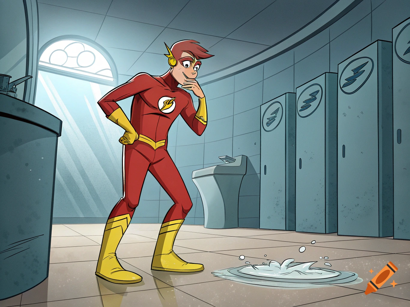 Cartoon of The Flash looking at a puddle in a futuristic restroom.