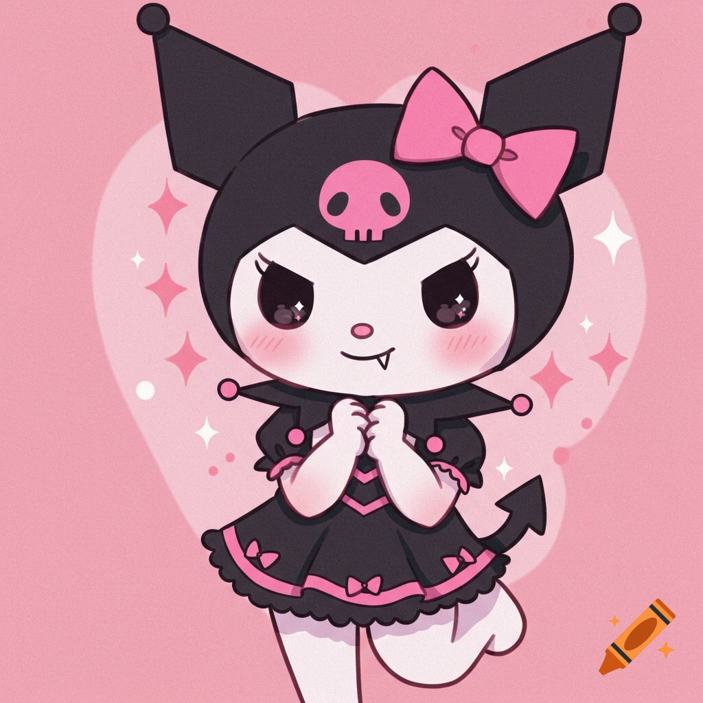 Cute illustration of Kuromi in her black dress and pink bow against a pink background with sparkles.