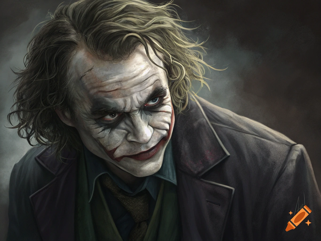 Portrait of Heath Ledger as the Joker in makeup and suit, with an intense stare.